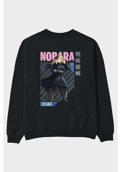 Nobara Kugisaki 4 Anime Arka Baskılı Siyah Oversize Sweatshirt Erkek Kadın Bisiklet Yaka