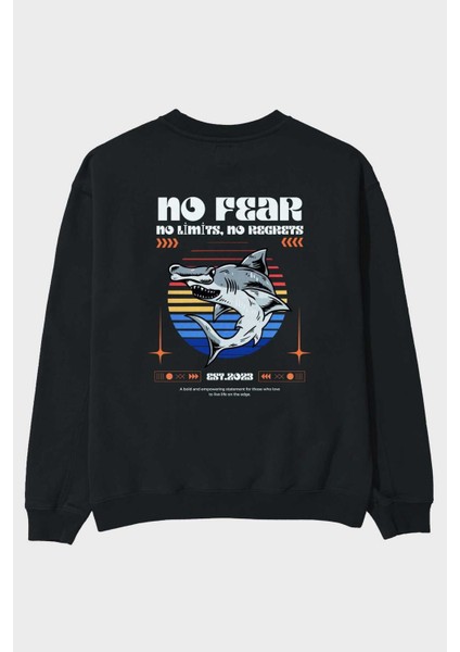 No Fear Yazılı Arka Baskılı Siyah Oversize Sweatshirt Erkek Kadın Bisiklet Yaka