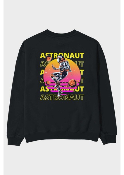Astronaut Streetwear 2 Arka Baskılı Siyah Oversize Sweatshirt Erkek Kadın Bisiklet Yaka