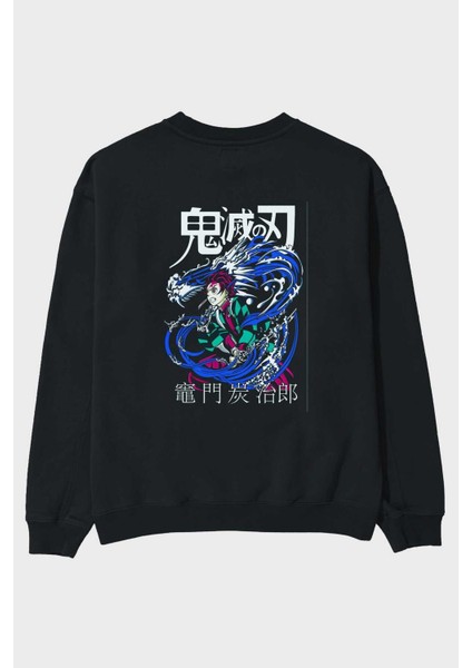 Tanjıro Kamado 2 Anime Arka Baskılı Siyah Oversize Sweatshirt Erkek Kadın Bisiklet Yaka