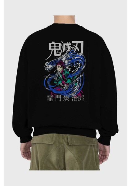 Tanjıro Kamado 2 Anime Arka Baskılı Siyah Oversize Sweatshirt Erkek Kadın Bisiklet Yaka fiyatları