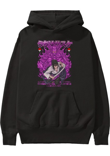 Sasuke Uchıha Naruto Anime Ön Baskılı Siyah Hoodie Oversize Kapüşonlu Sweatshirt Erkek Kadın