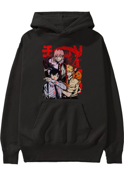 Chaınsawman Crew Anime Ön Baskılı Siyah Hoodie Oversize Kapüşonlu Sweatshirt Erkek Kadın