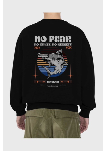 No Fear Yazılı Arka Baskılı Siyah Oversize Sweatshirt Erkek Kadın Bisiklet Yaka fiyatları