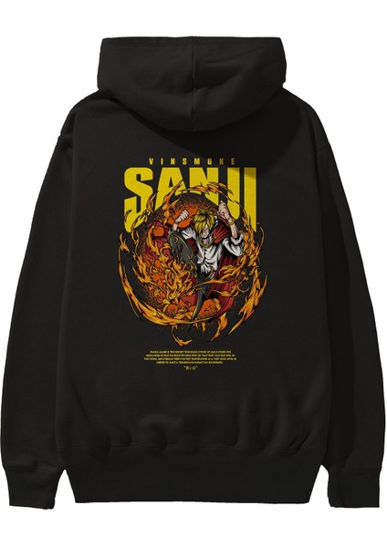 Vinsmoke Sanji Anime Arka Baskılı Siyah Oversize Kapüşonlu Sweatshirt Erkek Kadın