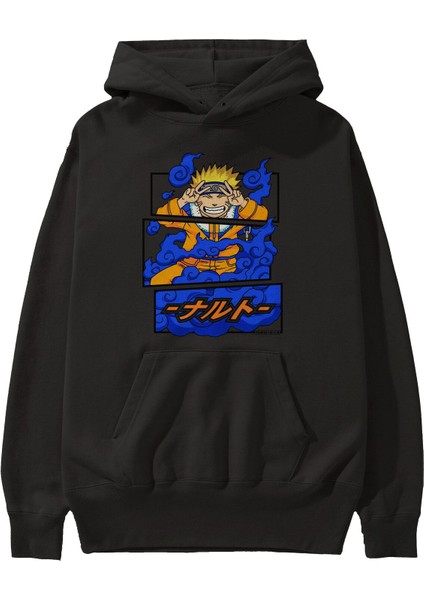 Naruto Uzumaki Anime Ön Baskılı Siyah Hoodie Oversize Kapüşonlu Sweatshirt Erkek Kadın