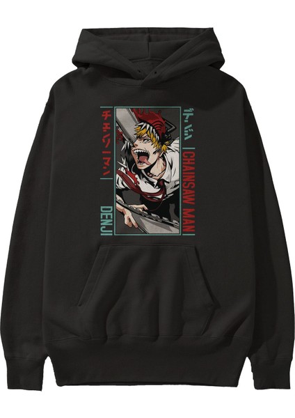 Denji Chainsaw Man Anime Ön Baskılı Siyah Hoodie Oversize Kapüşonlu Sweatshirt Erkek Kadın
