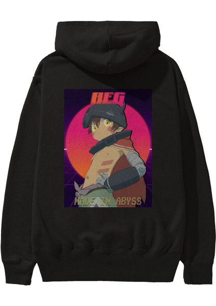 Reg 7 Anime Arka Baskılı Siyah Oversize Kapüşonlu Sweatshirt Erkek Kadın