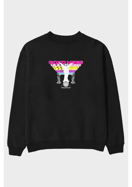 Good Vibes Ön Baskılı Siyah Oversize Sweatshirt Erkek Kadın Bisiklet Yaka