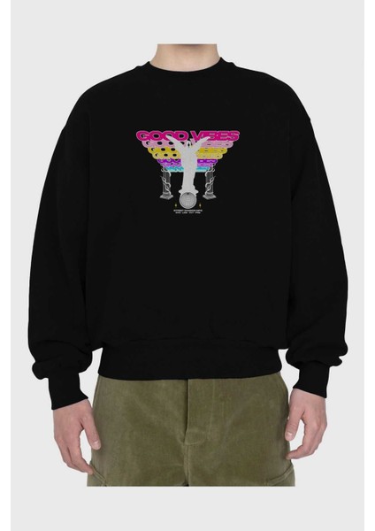 Good Vibes Ön Baskılı Siyah Oversize Sweatshirt Erkek Kadın Bisiklet Yaka