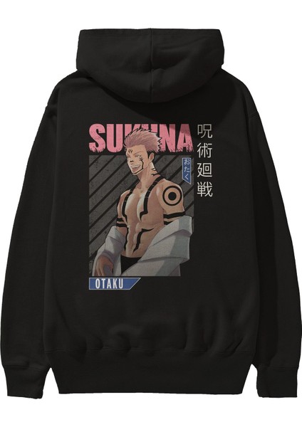 Sukuna Ryoumen Anime Arka Baskılı Siyah Oversize Kapüşonlu Sweatshirt Erkek Kadın