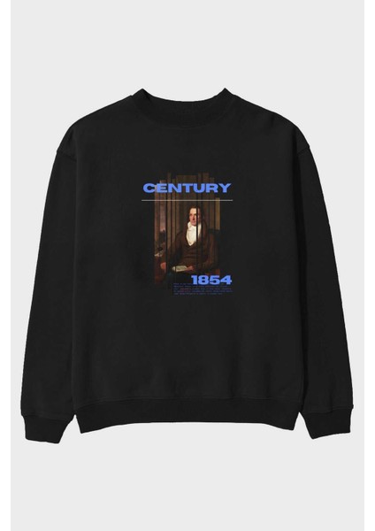 Century 1854 Yazılı Ön Baskılı Siyah Oversize Sweatshirt Erkek Kadın Bisiklet Yaka