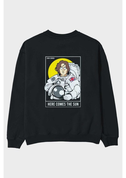 John Lennon Astronot Arka Baskılı Siyah Oversize Sweatshirt Erkek Kadın Bisiklet Yaka