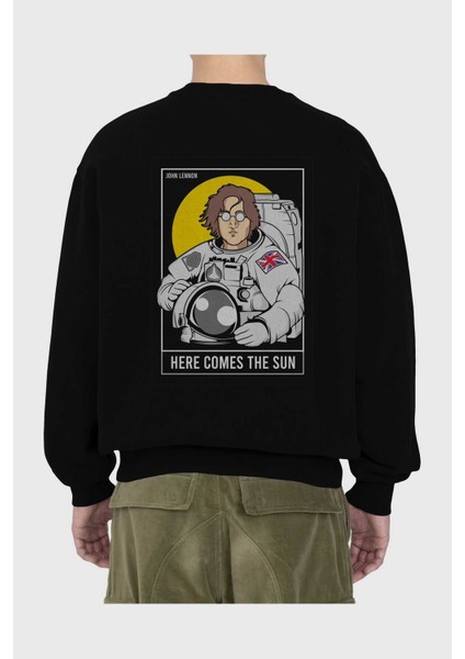John Lennon Astronot Arka Baskılı Siyah Oversize Sweatshirt Erkek Kadın Bisiklet Yaka