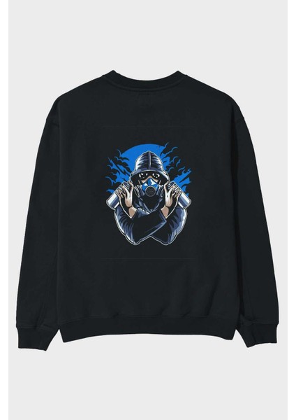 Graffiti Gasmask Arka Baskılı Siyah Oversize Sweatshirt Erkek Kadın Bisiklet Yaka
