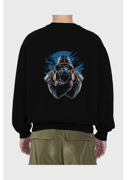 Graffiti Gasmask Arka Baskılı Siyah Oversize Sweatshirt Erkek Kadın Bisiklet Yaka fiyatları