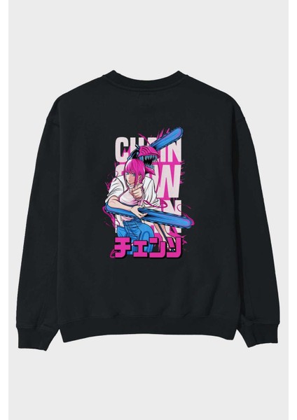 Denjı And Makıma Anime Arka Baskılı Siyah Oversize Sweatshirt Erkek Kadın Bisiklet Yaka