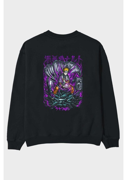 Naruto Anime Arka Baskılı Siyah Oversize Sweatshirt Erkek Kadın Bisiklet Yaka