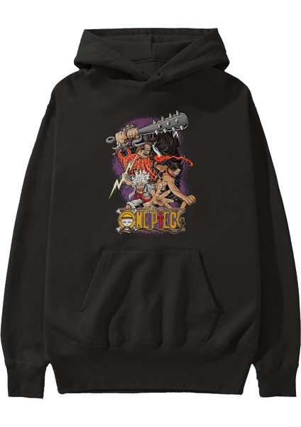 One Pıece (6) Anime Ön Baskılı Siyah Hoodie Oversize Kapüşonlu Sweatshirt Erkek Kadın