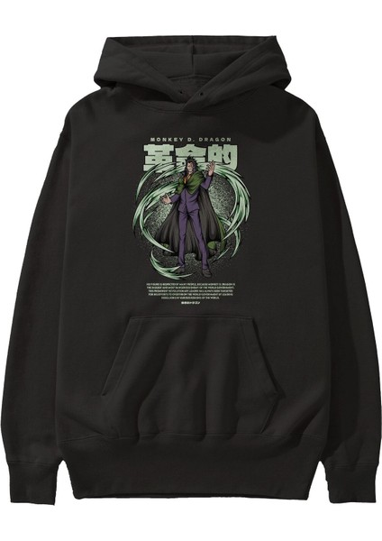 Monkey D. Dragon Anime Ön Baskılı Siyah Hoodie Oversize Kapüşonlu Sweatshirt Erkek Kadın