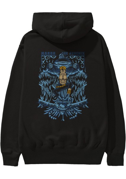 Marco El Fenıx One Piece Anime Arka Baskılı Siyah Oversize Kapüşonlu Sweatshirt Erkek Kadın
