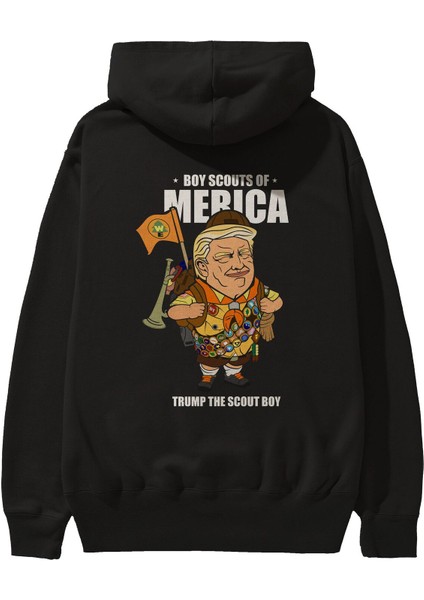 Trump Scout Boy Arka Baskılı Siyah Oversize Kapüşonlu Sweatshirt Erkek Kadın