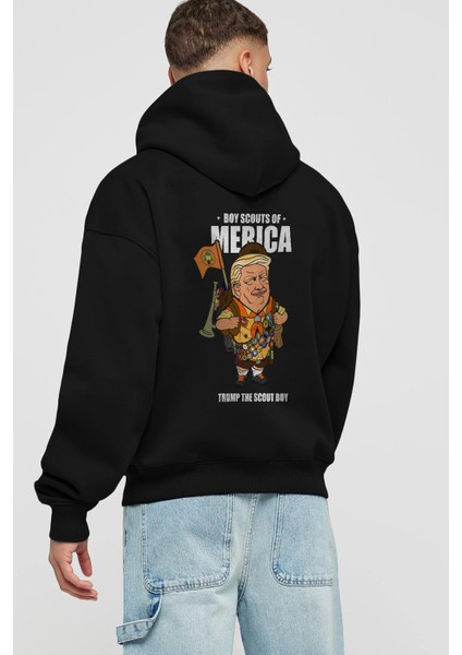 Trump Scout Boy Arka Baskılı Siyah Oversize Kapüşonlu Sweatshirt Erkek Kadın fiyatları