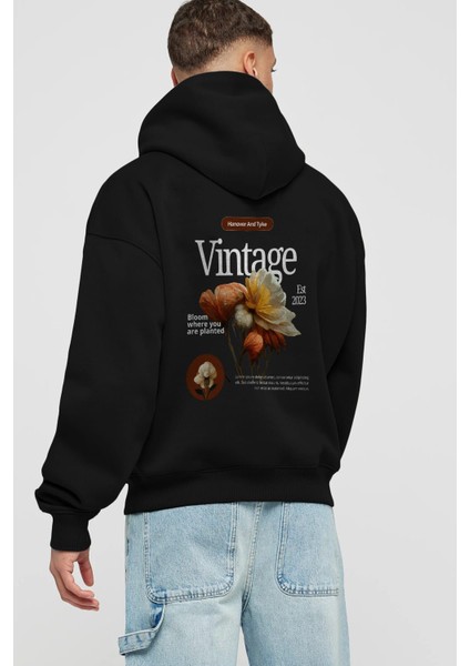 Vintage Çiçek Arka Baskılı Siyah Oversize Kapüşonlu Sweatshirt Erkek Kadın fiyatları