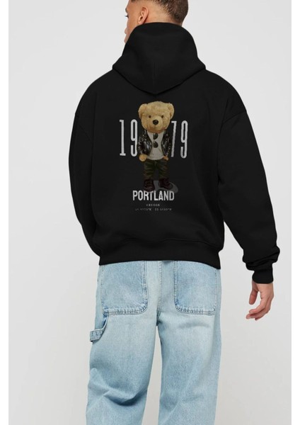 Teddy Bear Portland Arka Baskılı Siyah Oversize Kapüşonlu Sweatshirt Erkek Kadın