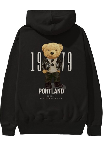 Teddy Bear Portland Arka Baskılı Siyah Oversize Kapüşonlu Sweatshirt Erkek Kadın fiyatları