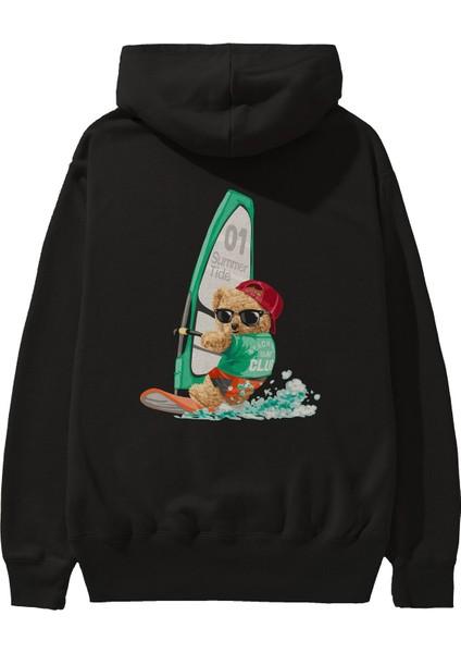 Teddy Bear Summer Tide Arka Baskılı Siyah Oversize Kapüşonlu Sweatshirt Erkek Kadın