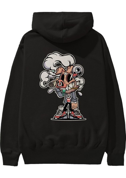 Pig Smoker Arka Baskılı Siyah Oversize Kapüşonlu Sweatshirt Erkek Kadın