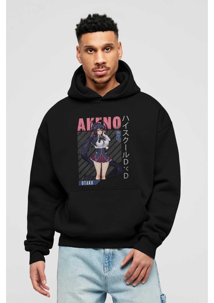 Akeno Himejima 4 Anime Ön Baskılı Siyah Hoodie Oversize Kapüşonlu Sweatshirt Erkek Kadın