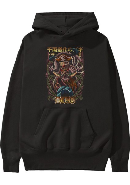 One Pıece (5) Anime Ön Baskılı Siyah Hoodie Oversize Kapüşonlu Sweatshirt Erkek Kadın