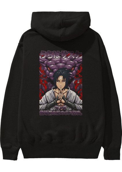Naruto Sasuke Uchıha Anime Arka Baskılı Siyah Oversize Kapüşonlu Sweatshirt Erkek Kadın