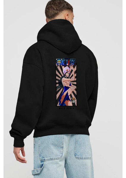 Nico Robin Anime Arka Baskılı Siyah Oversize Kapüşonlu Sweatshirt Erkek Kadın
