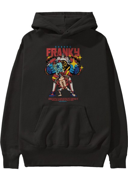 Cyborg Franky Anime Ön Baskılı Siyah Hoodie Oversize Kapüşonlu Sweatshirt Erkek Kadın