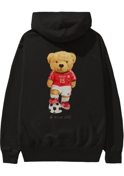 Teddy Bear Kick Off Arka Baskılı Siyah Oversize Kapüşonlu Sweatshirt Erkek Kadın