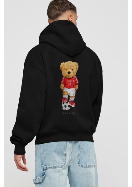 Teddy Bear Kick Off Arka Baskılı Siyah Oversize Kapüşonlu Sweatshirt Erkek Kadın fiyatları