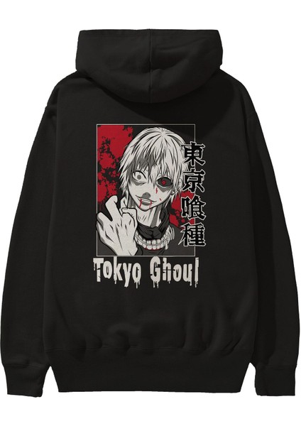 Kaneki Ken Tokyo Ghoul Anime Arka Baskılı Siyah Oversize Kapüşonlu Sweatshirt Erkek Kadın