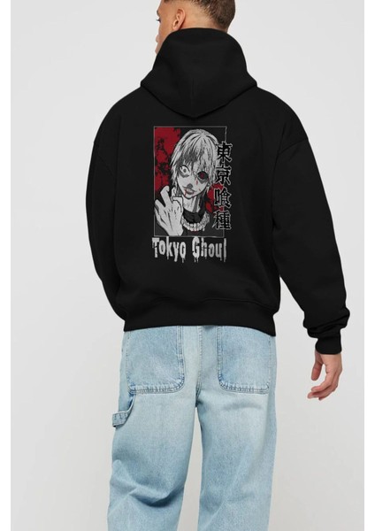 Kaneki Ken Tokyo Ghoul Anime Arka Baskılı Siyah Oversize Kapüşonlu Sweatshirt Erkek Kadın fiyatları