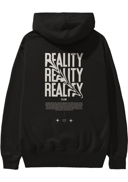 Reality Yazılı Arka Baskılı Siyah Oversize Kapüşonlu Sweatshirt Erkek Kadın