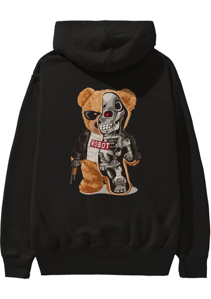 Teddy Bear Robot Arka Baskılı Siyah Oversize Kapüşonlu Sweatshirt Erkek Kadın