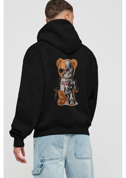 Teddy Bear Robot Arka Baskılı Siyah Oversize Kapüşonlu Sweatshirt Erkek Kadın fiyatları