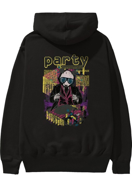 Party Starter Arka Baskılı Siyah Oversize Kapüşonlu Sweatshirt Erkek Kadın
