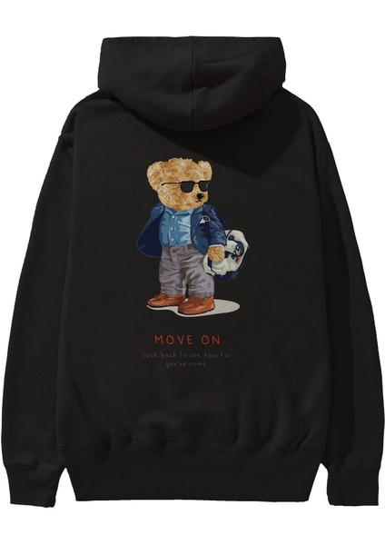 Teddy Bear Move On Arka Baskılı Siyah Oversize Kapüşonlu Sweatshirt Erkek Kadın