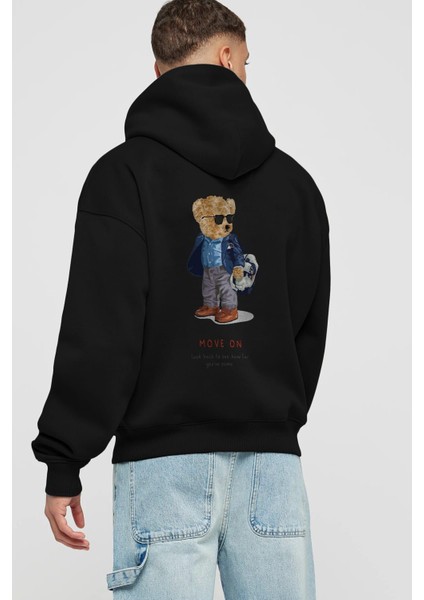 Teddy Bear Move On Arka Baskılı Siyah Oversize Kapüşonlu Sweatshirt Erkek Kadın fiyatları