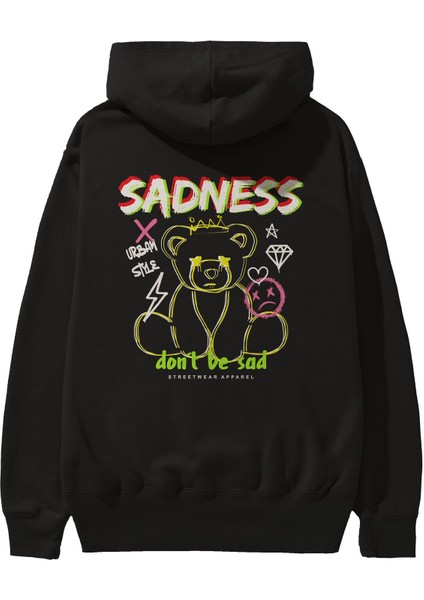 Teddy Bear Sadness Arka Baskılı Siyah Oversize Kapüşonlu Sweatshirt Erkek Kadın