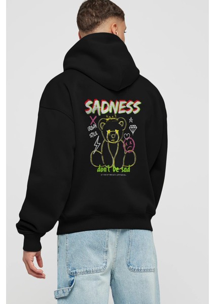 Teddy Bear Sadness Arka Baskılı Siyah Oversize Kapüşonlu Sweatshirt Erkek Kadın fiyatları