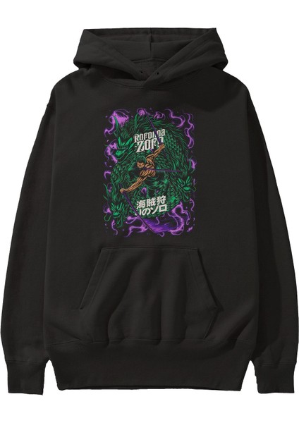 Roronoa Zoro 5 Anime Ön Baskılı Siyah Hoodie Oversize Kapüşonlu Sweatshirt Erkek Kadın